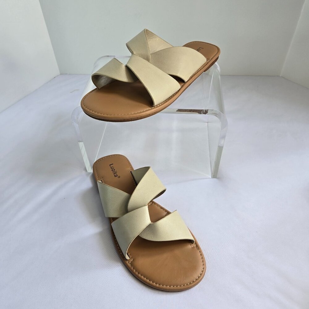 LUOIKA Women Flat Strappy Slides Sandals WW Slip On  Shoe  Sz 10.5 XW  Beige